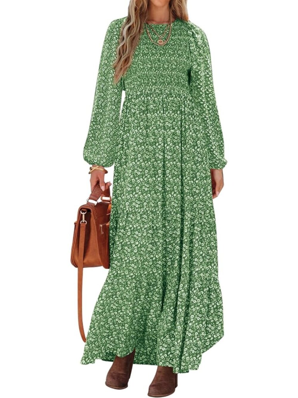 Women's Green Crewneck Smocked Tiered Long Sleeve Floral Maxi Fall Dresses
